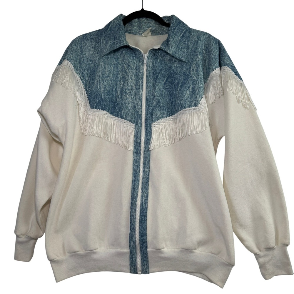 Vintage Jade Inc Western Fringe Zip Sweatshirt Acid Wash Denim Look XL White